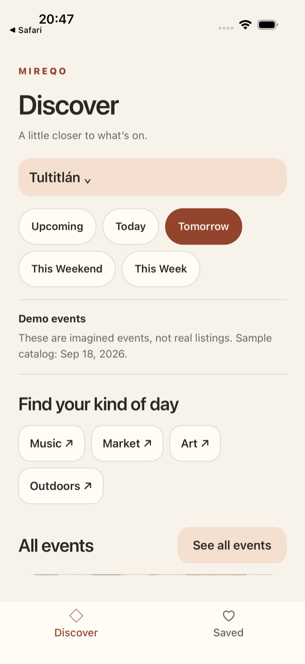 Mireqo Discover in Tultitlán, showing date shortcuts and event categories.