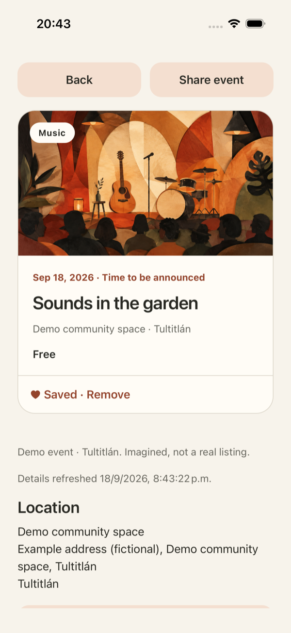 Mireqo event details showing a demo music event, its date, venue, price, and Save and Share controls.