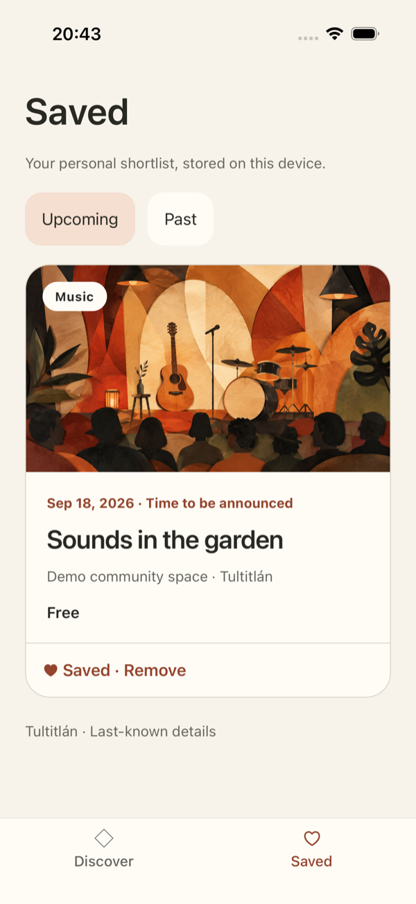 Mireqo Saved with Upcoming and Past tabs and a saved demo music event.
